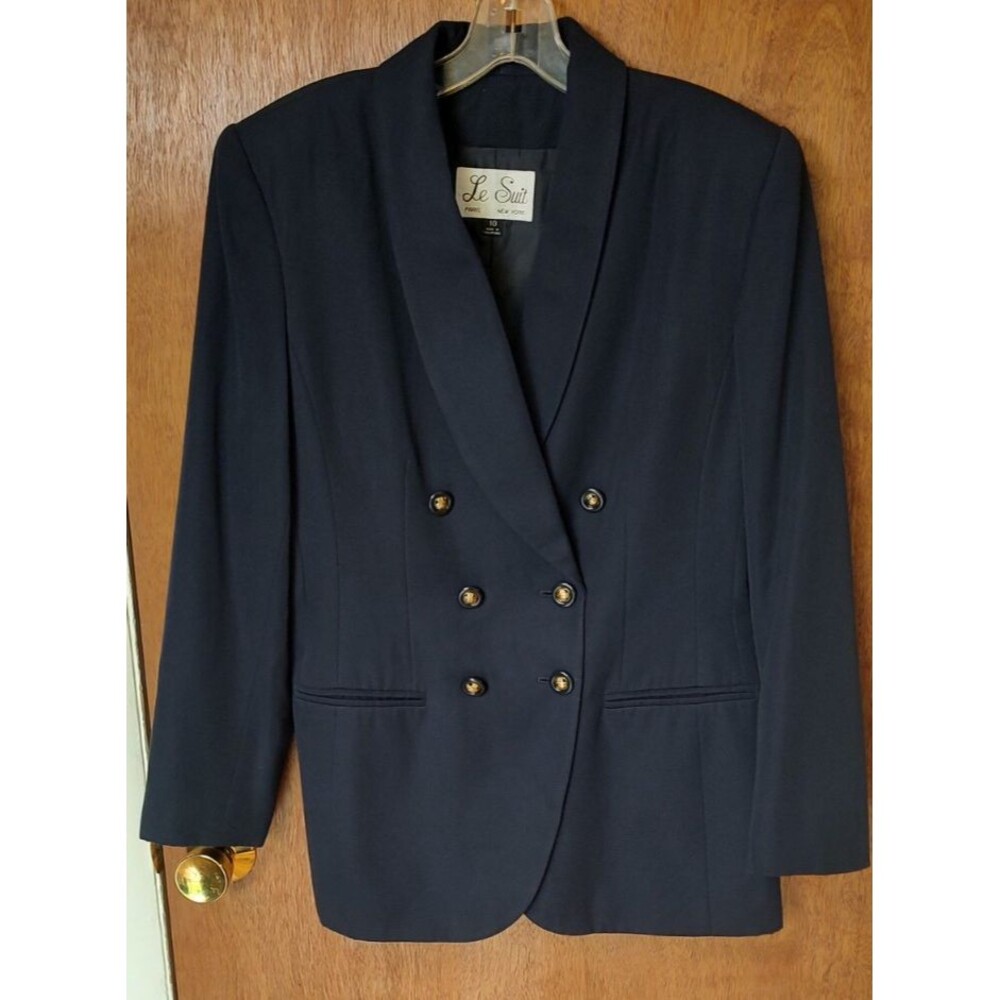 Vtg Le Suit navy blue double breasted blazer size 10 faux pockets